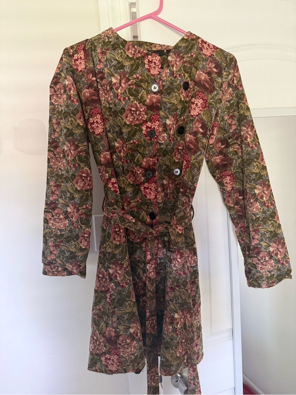 Vintage Corduroy Floral Belted Trench Coat